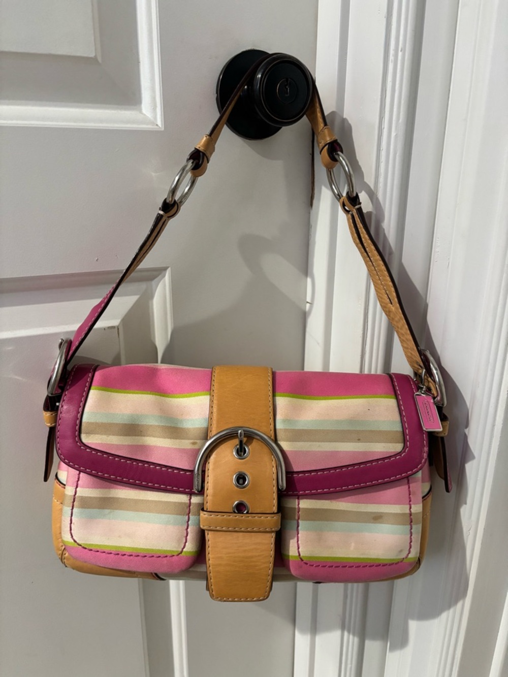 Coach Hampton Stripe Shoulder Bag Pink Multi Color Canvas Leather Y2K Rare